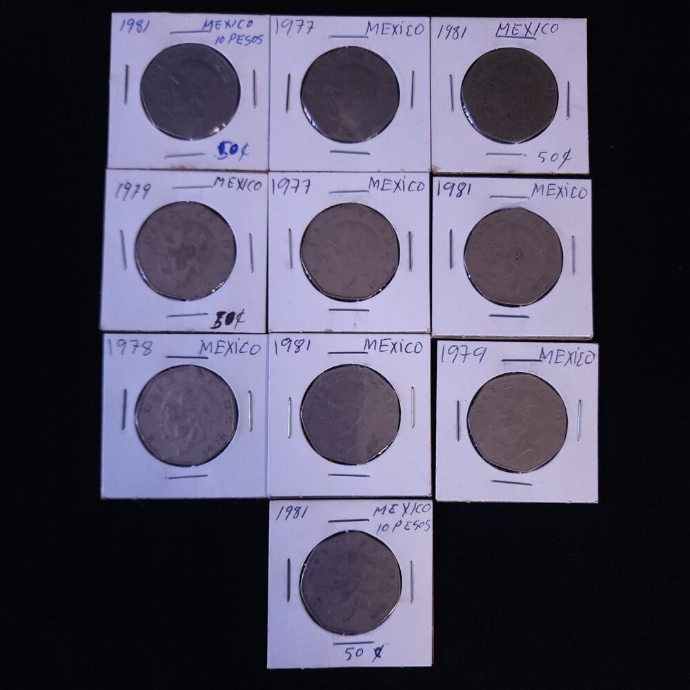 Lot of 10 Mexico 10 Pesos Diez Ten Mexican Coins 1977-1981 Collection World VTG